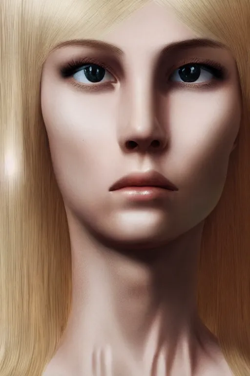 Image similar to robot with human face, female head, full body angle, woman human face, human face realistic, beautiful blonde hair, human head, human head with blonde hair, blonde hair human head, blonde hair, human realistic face, human head skin, cyborg frame concept, cyborg by ales-kotnik, sci-fi android female, the body is made of wires, robotic body, cyborg body, cyborg bust body, robot body cyborg, full body