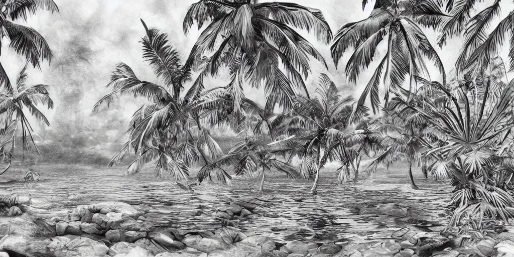 Image similar to tropical island, 8 k, high resolution, detailed charcoal drawing, beautiful hd, art nouveau, concept art, colourful artwork, in the style of axel aabrink