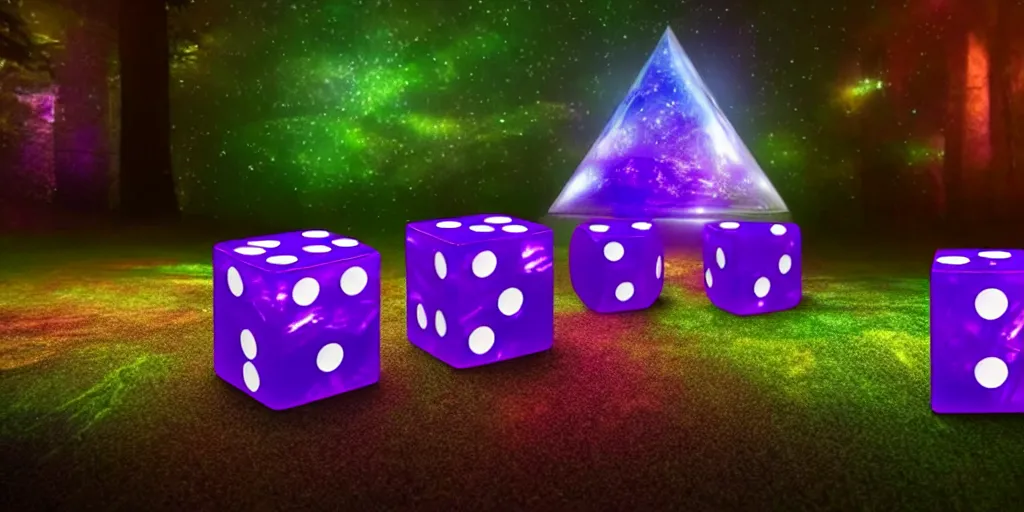 Image similar to giant magical 3 d d 6 casino dice cube amethyst, glowing, energy radiating, fantasy forest in the background, 4 k detailed, by shaddy safadi and cam sykes and james paick