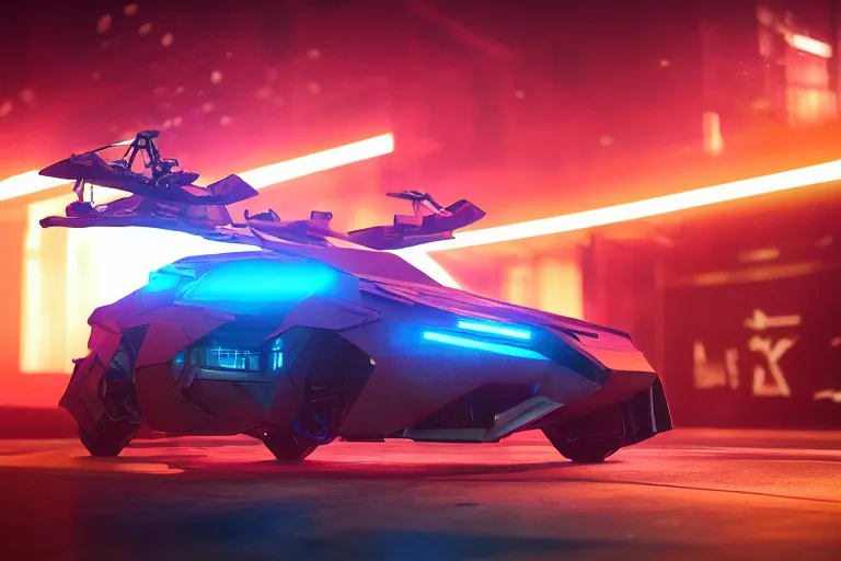 Prompt: full shot of a box - shaped sci - fi flying vehicle made from dark glass and plastic surfaces with neon kanji decals in the style of bladerunner 2 0 4 9, peugeot prestige, side lights, studio lighting, octane render, unreal engine 5, light background