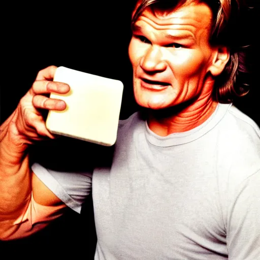 Image similar to patrick swayze eating a cola cube, photograph,