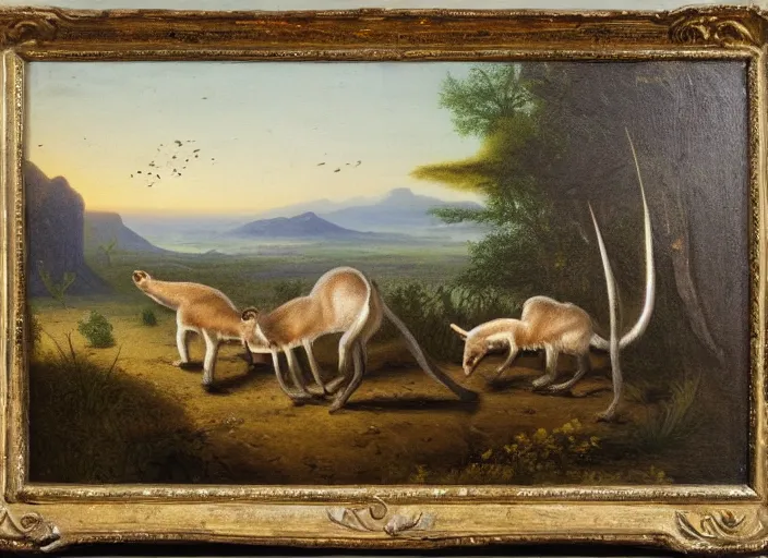 Image similar to the first mammals start to appear after the long impact winters, small mammals explore the new lands of the paleogene era of earth, in the style of hudson river school of art, oil on canvas