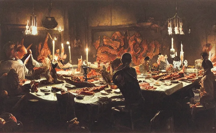 Prompt: a formal dinner party involving a great deal of meat on a table in a dark kitchen lit by a single bulb, painted by rick berry and norman rockwell and zdzislaw beksinski, highly detailed, muted colours