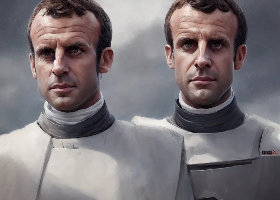 Image similar to painting portrait of Emmanuel Macron dressed as Arcann in Star Wars, sharp focus, waist up, trending on ArtStation, masterpiece, by Greg Rutkowski, by Ross Tran, by Fenghua Zhong, octane, clear eyes, soft render, clear facial features, oil on canvas, moody lighting, cinematic, professional environment concept art