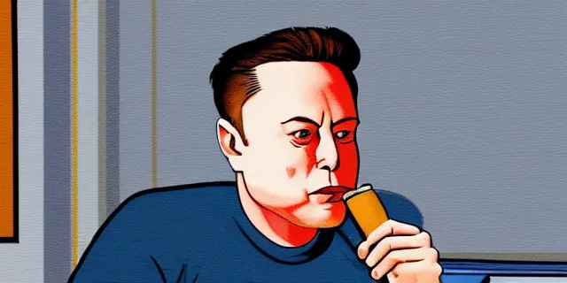 Image similar to sad bald poor elon musk drinking a can of beer in the couch while watching tv in a dirty house