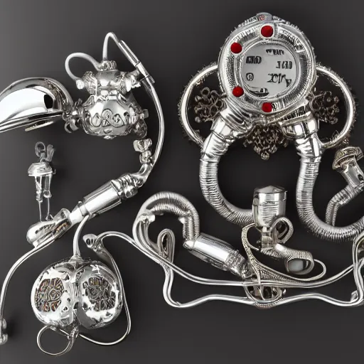 Image similar to highly detailed ornate filigreed convoluted ornamented elaborate chrome medical equipment