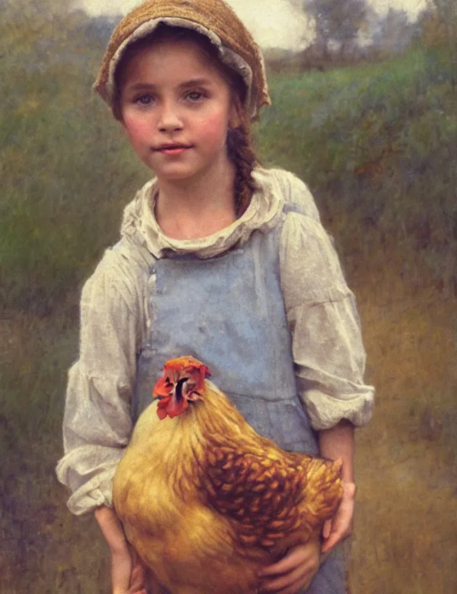 Image similar to portrait of little peasant girl holding a chicken, cottage core, cinematic focus, polaroid photo bleached vintage pastel colors high - key lighting, soft lights, foggy, by steve hanks, by lisa yuskavage, by serov valentin, by tarkovsky, 8 detailed, oil on canvas