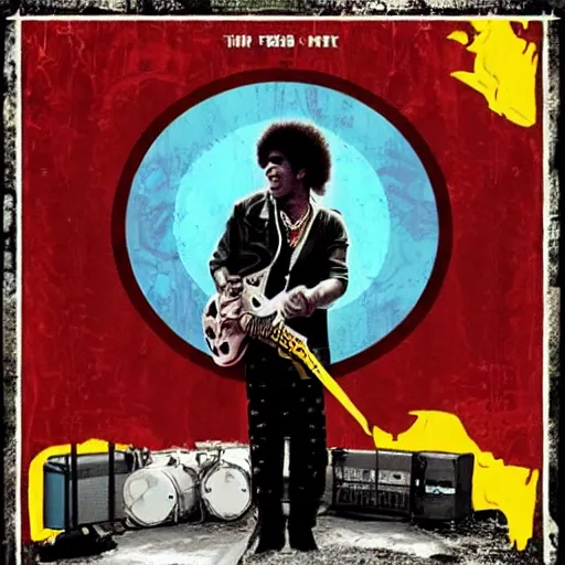 Image similar to jimi hendrix in the style of fallout boy poster