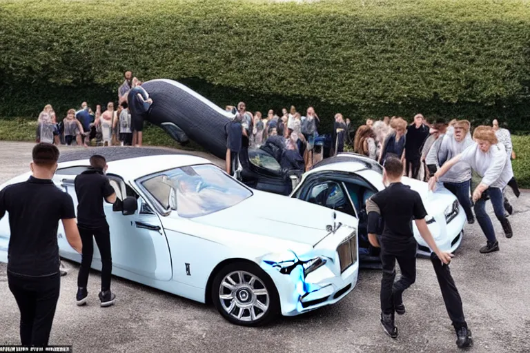 Image similar to A group of teenagers are behind a Rolls-Royce holding him by the boot and pushing him into a white lake from a small slide