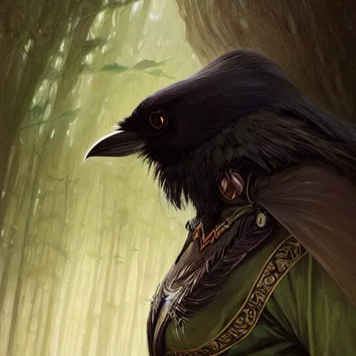 Prompt: beautiful natural cottagecore archer elf hooded longbow verdant lush raven crow, intricate, elegant, highly detailed, digital painting, artstation, concept art, smooth, sharp focus, illustration, art by artgerm and greg rutkowski and alphonse mucha and loish and wlop