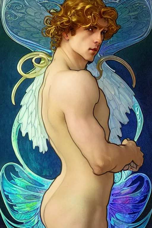 Image similar to full figure art nouveau portrait of a beautiful young fit male angel with curly blond hairs, dressed with fluent clothes, majestic wings, luminous halo, by alfons mucha, d & d character, gradient white to gold, in front of an iridescent background, highly detailed portrait, digital painting, artstation, concept art, smooth, sharp focus illustration, artstation hq