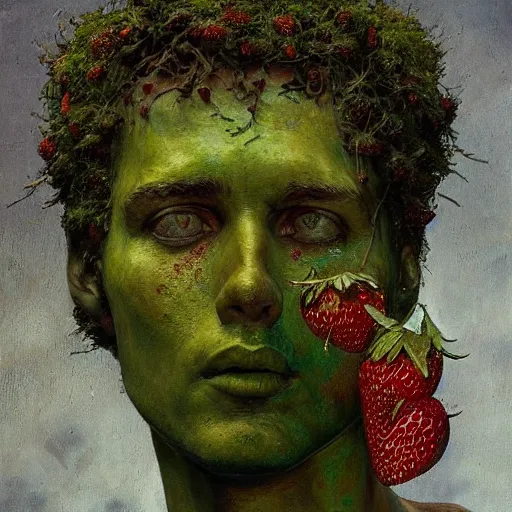 Image similar to a sculpture portrait made of moss and strawberries and mud and plants, painting part by wojciech siudmak, part by ilya repin, part by max ernst, part by norman rockwell, artstation