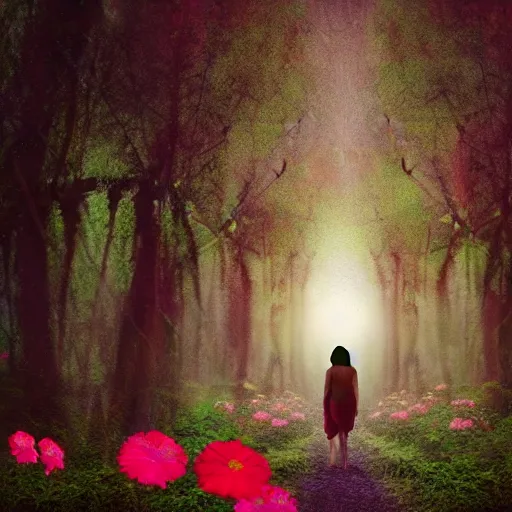 Image similar to a beautiful woman walking through an alien forest with flowers floating in the sky, cinematic, 8k, glowing