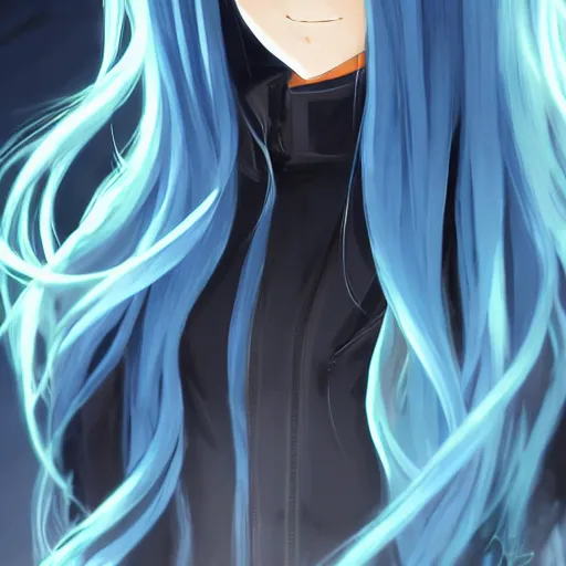 Prompt: full shot of rimuru tempest, sky blue straight hair, long bangs, with amber eyes, wearing a fancy black jacket, high collar, ultra detailed, brush strokes, digital painting, cinematic, wlop artstation, closeup, pixiv, intense, intimidating glare, photorealistic, overpowering, makoto shinkai, rossdraws, andy warhol,