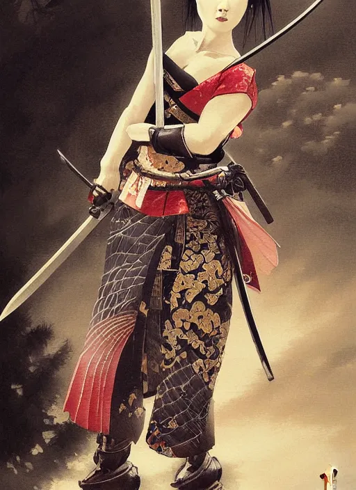 Image similar to a japanese oil painting of a beautiful samurai woman posing with a samurai sword, very aesthetic, detailed face, in the style of, greg rutkowski, boris vallejo, neal hanson, frank frazetta, goddess of war, epic fantasy character art, samurai armor, high fantasy, full length, exquisite detail low angle, masterpiece, cinematic