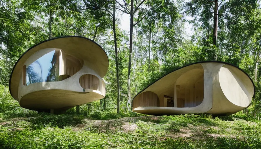 Image similar to A wide image of an eco-community of innovative contemporary 3D printed prefab sea ranch style cabin with rounded corners and angles, beveled edges, made of cement and concrete, organic architecture, in a lush green forest Designed by Gucci, Balenciaga, and Wes Anderson, golden hour