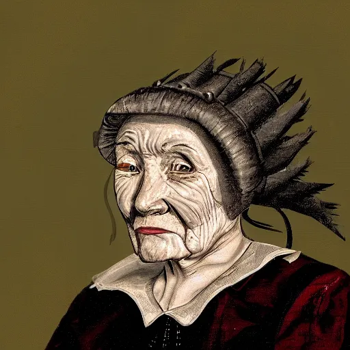 Prompt: Digital painting of a old 17th century old lady cyborg