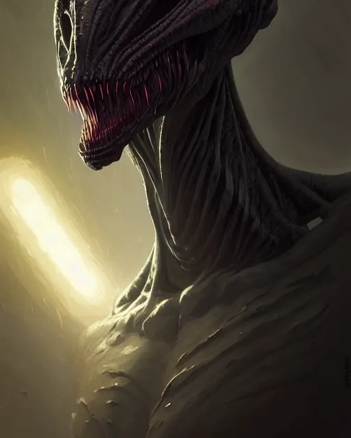 Prompt: professional concept art portrait of a predatory alien species in a dark room by artgerm and greg rutkowski. an intricate, elegant, highly detailed digital painting, concept art, smooth, sharp focus, illustration, in the style of cam sykes, wayne barlowe, igor kieryluk.