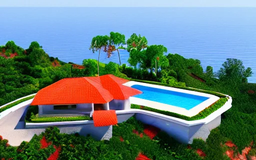 Prompt: architecture of a villa on a cliff, aerial view, orange and red color scheme, vivid colors, photorealist, 4 k
