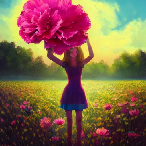 Image similar to giant carnation flower head and face, girl in a flower field, surreal photography, sunrise dramatic light, impressionist painting, colorful clouds, digital painting, artstation, simon stalenhag, flower face