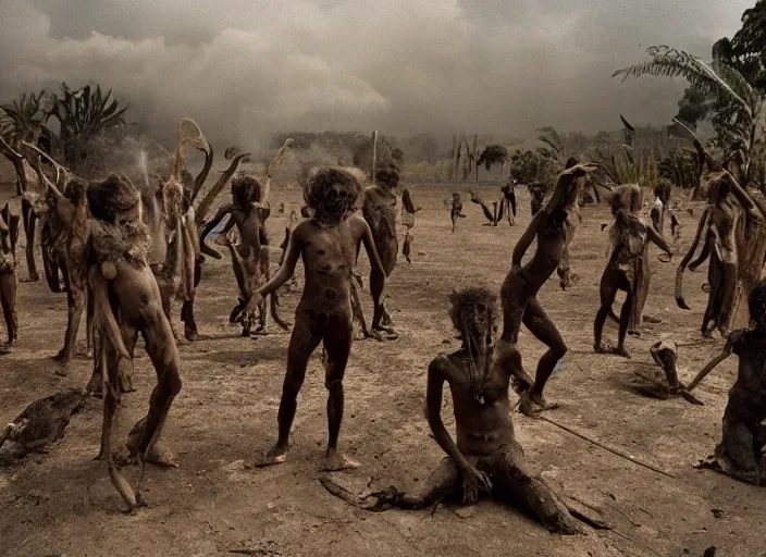 Prompt: sensual scene from art house film by alejandro jodorowsky, roger ballen, surreal dance scene of ritual in a picturesque outdoors setting, ashes, new guinea mud man, costumes, snakes, smoke, close - up of the actors'faces, sharp, medium format 6 x 6, 1 6 k