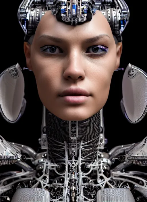 Image similar to a stunning young female cyborg profile face, face is made intricate tribal bio - mechanical, unreal engine, glamor shot, nikon d 7 5 0, closeup, f / 2. 8, low contrast, 1 6 k, rim lighting, optical fiber, cinematic lighting, insanely detailed and intricate, hypermaximalist, elegant, ornate, hyper realistic,