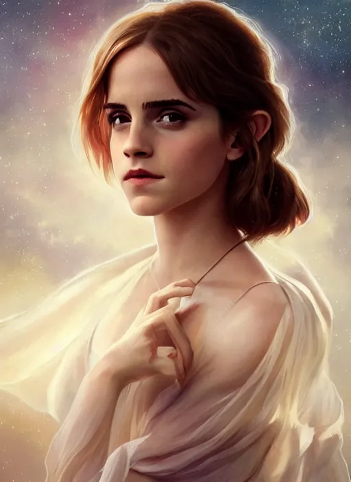 Image similar to emma watson as nature magic celestial, top down pose, long hair, soft pink and white transparent cloth, space, D&D, shiny background, intricate, elegant, highly detailed, digital painting, artstation, concept art, smooth, sharp focus, illustration, artgerm, bouguereau