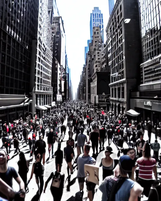 Prompt: photo of new york street with all people have hollow eyes and crazy grin on face