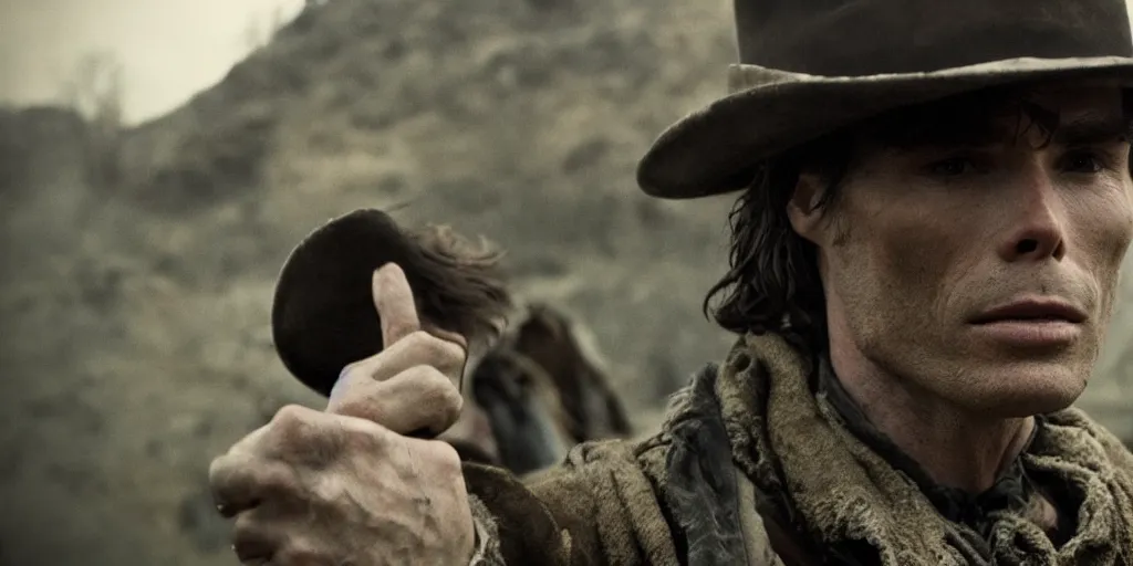 Prompt: portrait of rugged bandit cillian murphy [ alone ] in the old west, strangling a cowboy, volumetric lighting, cinematic, dark, grim. directed by coen brothers.