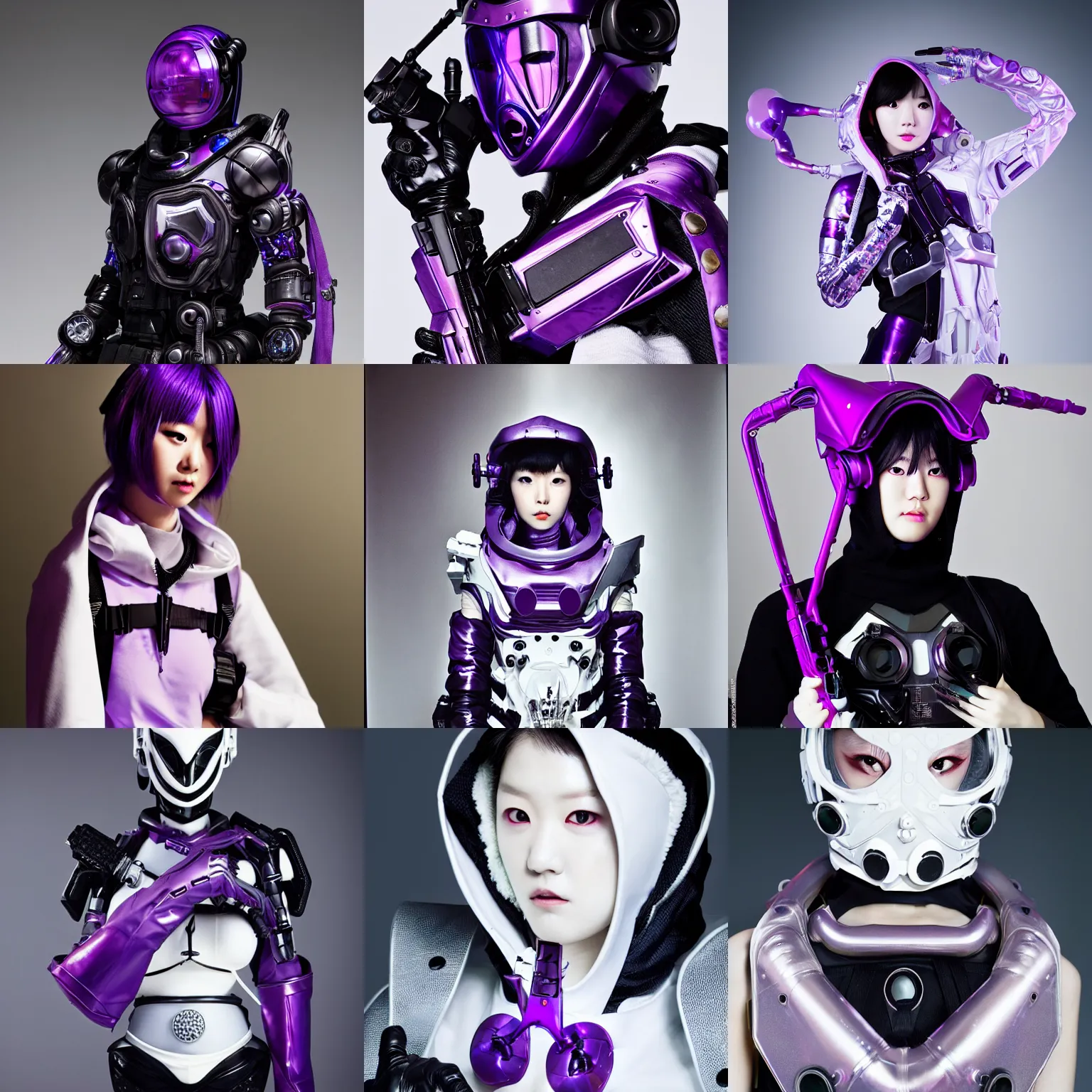 Prompt: ulzzang with white sci - fi tactical gear and hood, black cybernetic enhancements, purple crystal glass inlays, full shot, fashion photography, by irving penn and storm thorgerson, ren heng