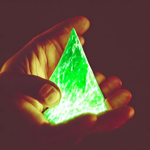 Image similar to a glowing shard of kryptonite held in an open black - gloved hand, night photography, pitch black, lit only by the green glow of the kryptonite