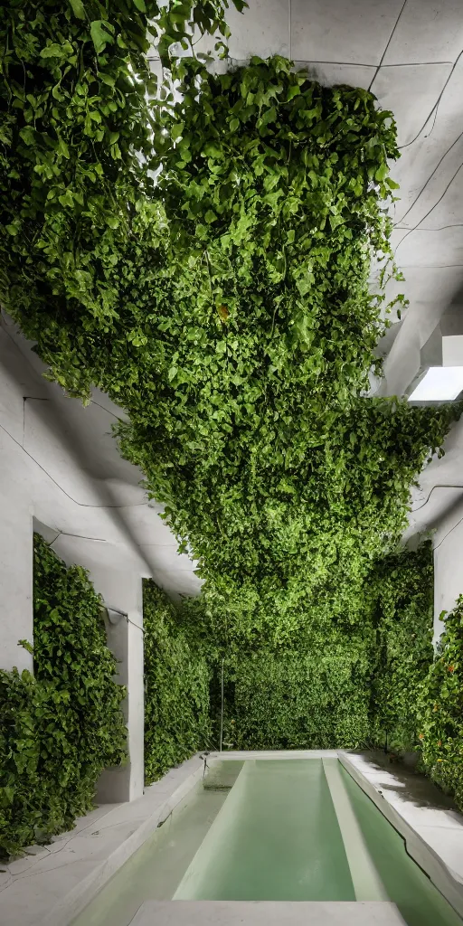 Prompt: photo inside underground cellular caverns by andrew kudless. a pool covers the floor. architectural photography. 4 k, 8 k. volumetric lighting. structural vaults. ivy and many plants hanging from ceiling, white concrete floor.