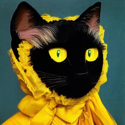 Prompt: a portrait of black cat as a puppet - muppet sad yellow eyes vibrant color scheme, intricately detailed, in the style of 1 9 6 0. artstation, manet norman rockwell