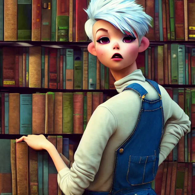 Image similar to full body pose, beautiful adult book fairy, pixar, short white hair shaved sides, dirty, grungy, grunge, long sleeve, painted overalls, stacks of giant books, highly detailed, 4 k, hdr, smooth, sharp focus, high resolution, award - winning photo, artgerm, photorealistic