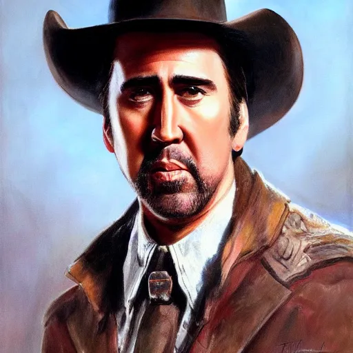 Prompt: ultra realistic portrait painting of nicholas cage as a western outlaw, art by frank frazetta, 4 k, ultra realistic, highly detailed, epic lighting