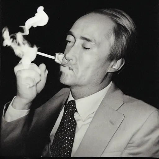 Image similar to retro photograph of a Putin smoking a cigarette in Japan at night, Kodak film photo