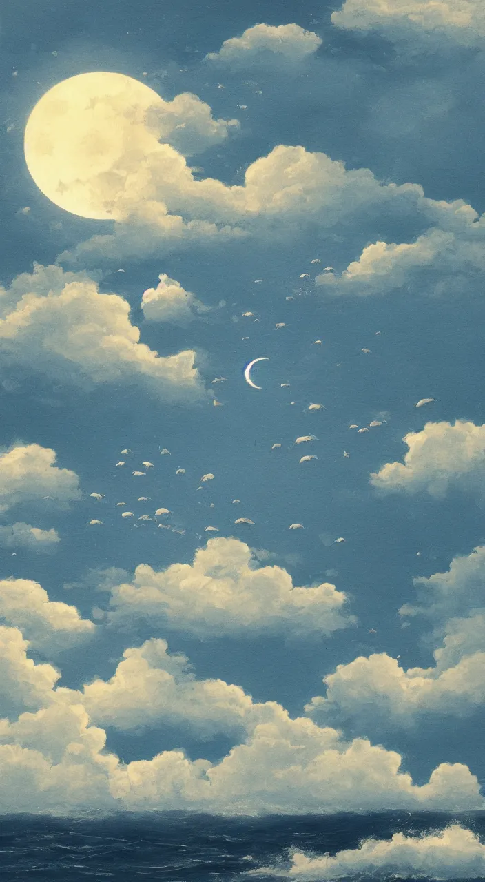 Image similar to ocean in the sky, whales, clouds, moon, water