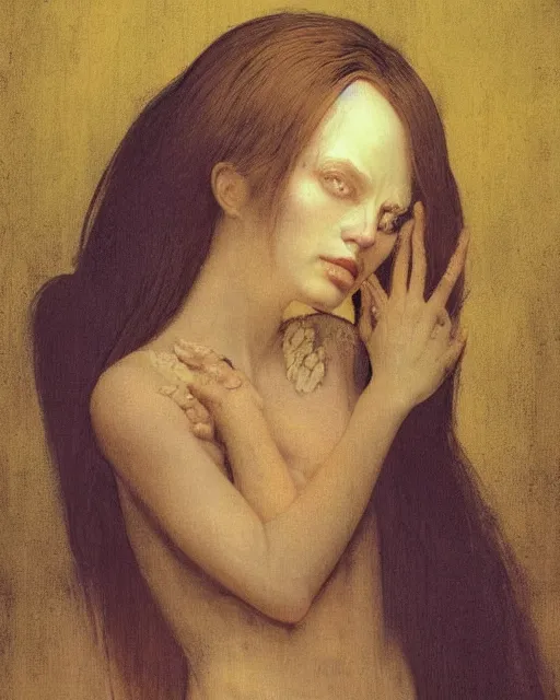 Image similar to a baroque painting of a beautiful but creepy girl in layers of fear, with haunted eyes and dark hair piled on her head, 1 9 7 0 s, seventies, wallpaper, a little blood, morning light showing injuries, delicate embellishments, painterly, offset printing technique, by brom, moebius, robert henri, walter popp