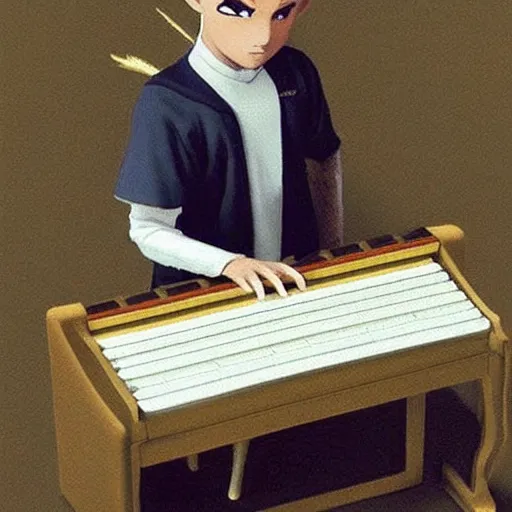 Image similar to Aang from Avatar the last airbender playing the piano