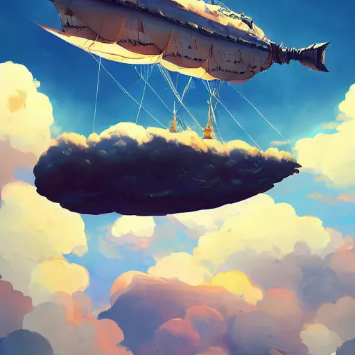 Prompt: a large pirate airship flying among the clouds, soaring through the sky, airship, digital art, pirate, vivid colors, 1 8 th century, artgerm, james gilleard, beautiful, highly detailed, trending on art station