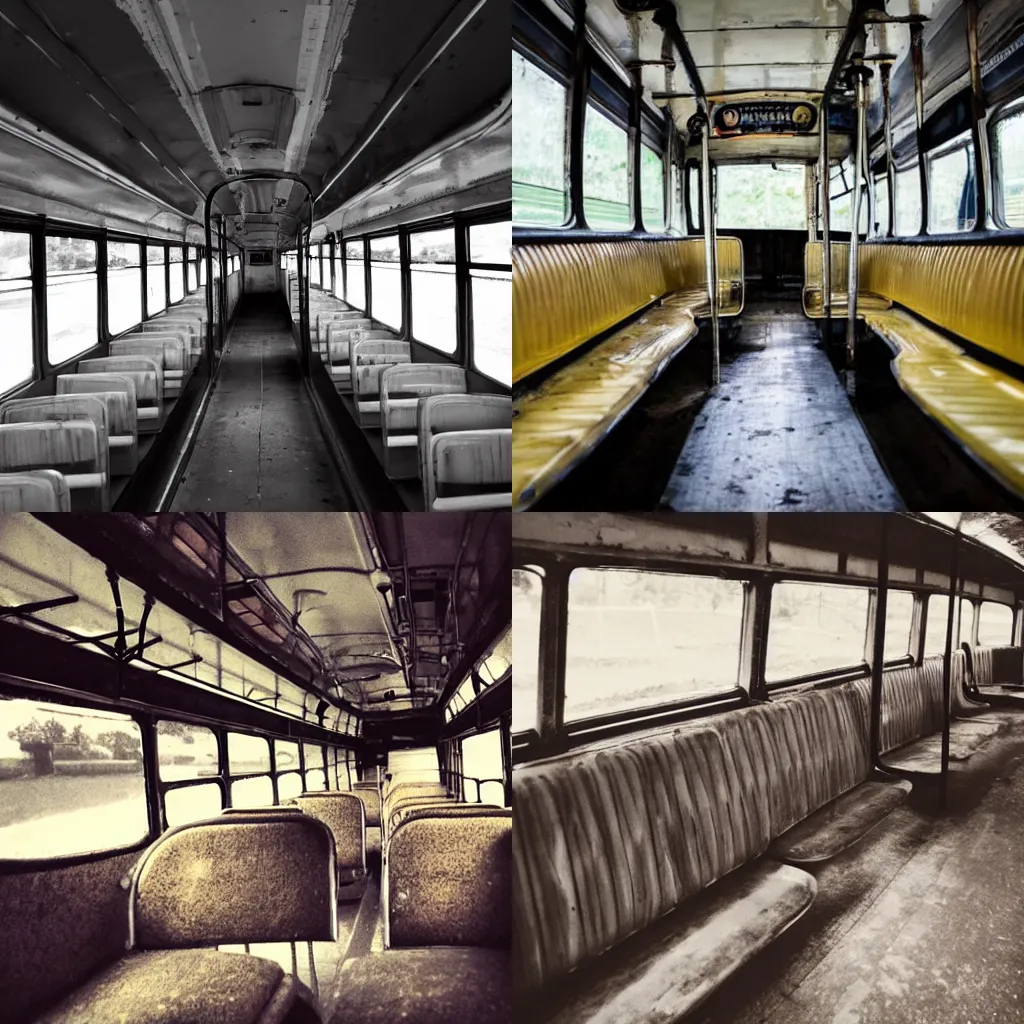 Prompt: empty aged bus interior