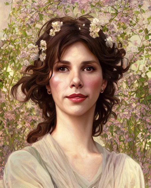 Prompt: a portrait painting of sabrina lloyd / perdita weeks / nicole de boer hybrid oil painting, gentle expression, smiling, elegant clothing, scenic background, behance hd by artgerm, alphonse mucha, greg rutkowski, tim hildebrandt