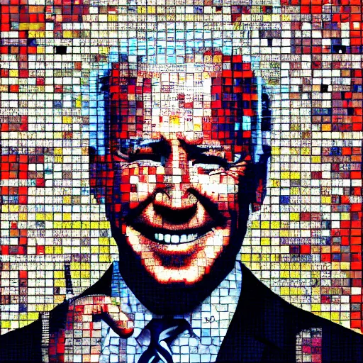 Image similar to portrait mosaic of joe biden with robot eyes, 4k, intricate details, digital, between heaven and hell