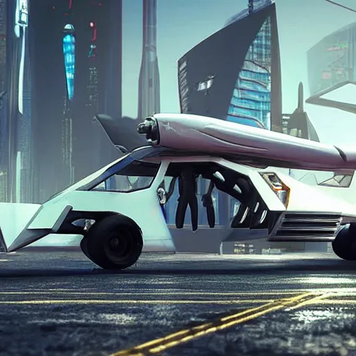 Prompt: cyberpunk alien concept of the a - team van with airplane wings in both sides flying in the sky, futuristic look, highly detailed body, very powerful, photorealistic camera shot, crisp quality and light reflections, unreal engine 5 quality render