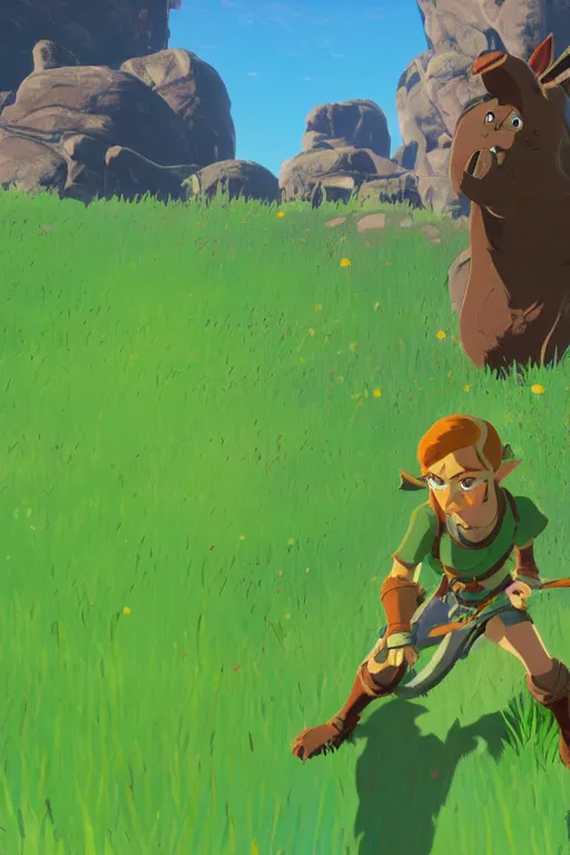 Image similar to in game footage of scooby doo from the legend of zelda breath of the wild, breath of the wild art style.