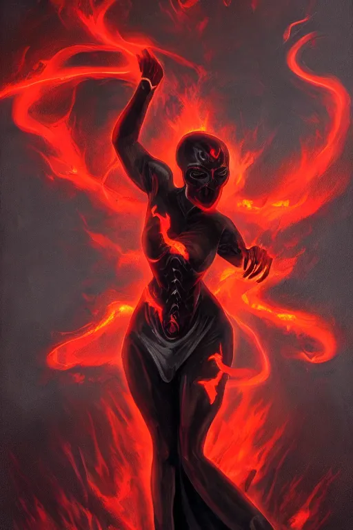 Prompt: Female fire elemental made of black flames wearing a strict business suit, with no face by Annie Swynnerton and Nicholas Roerich, madness combat, strong dramatic cinematic lighting , blood red sky, grey skin, smooth, sharp focus, extremely detailed