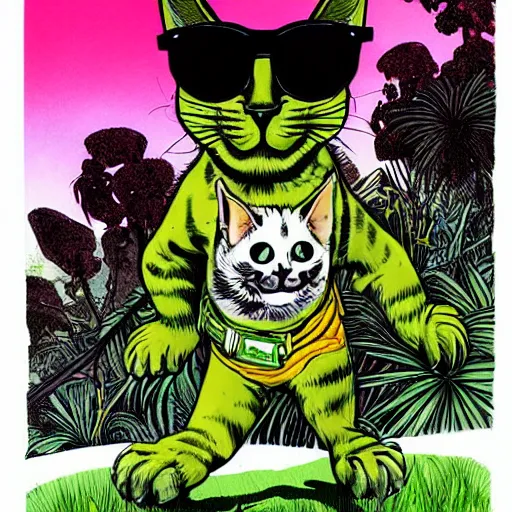 Prompt: Humanoid cat wearing a t-shirt, shorts, and sunglasses, the background is lush jungle, detailed face, high contrast, dramatic lighting, graphic novel, art by Alan Davis and Michael Choi,