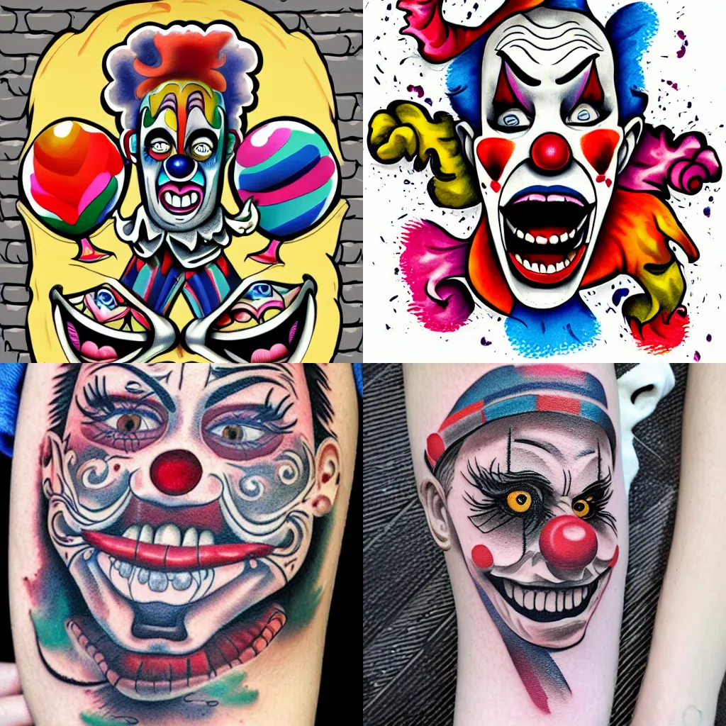 Prompt: tattoo of crazy clowns illustration