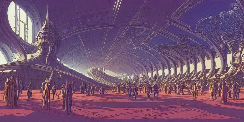 Image similar to cel shaded cinematic shot of the interior of a sci-fi space station with ornate Elven architecture bustling with people, epic castle, emerald, crystalline, detailed illustration, sharp focus, concept art by Moebius, Jean Giraud Moebius