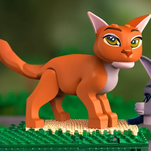 Image similar to lego cute caracal talking to a mr cute caracal head pixar animation super - fine detail uplight cinematic hd